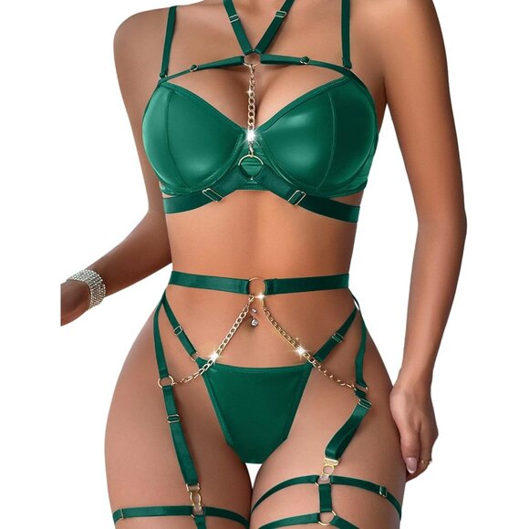 🆕Women Green Sexy Pu Leather Strappy Underwire Garter Belt Lingerie Set